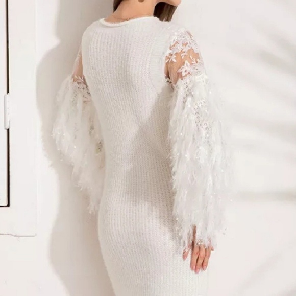 Feather Tassel Sleeve Mesh Knitted Sweater Dress - Picture 4 of 4